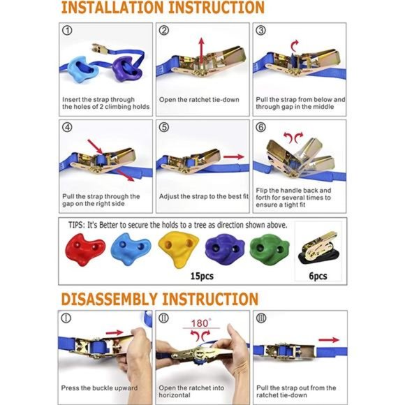 Tree Climbers Set of 15 Climbing Holds/Steps for Kids w/ 6 Ratchet Strap - Picture 7 of 7
